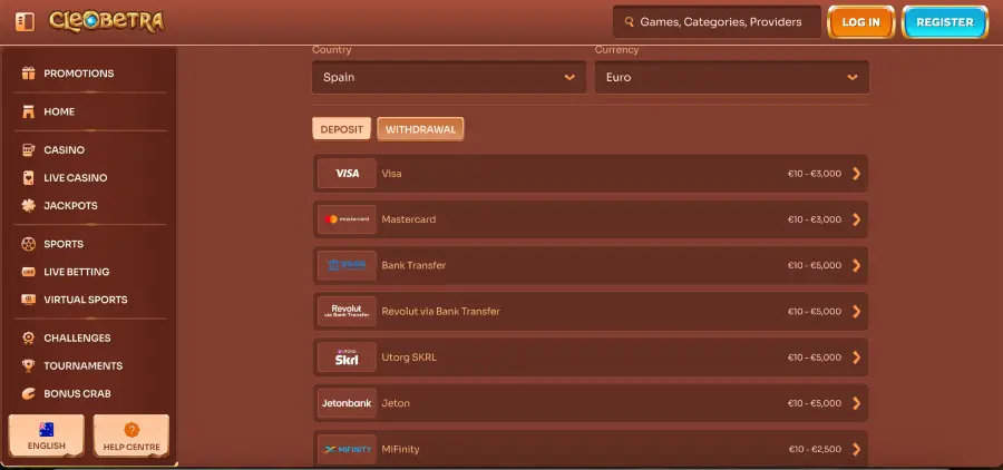 Cleobetra casino app payment options including cards and crypto on mobile