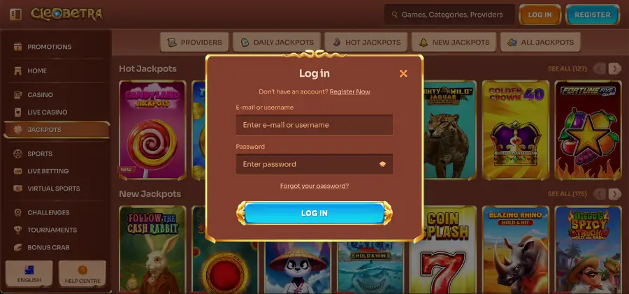 Cleobetra casino login page with email and password form