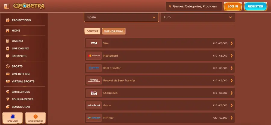 Cleobetra casino withdrawal methods including cards, e-wallets and crypto